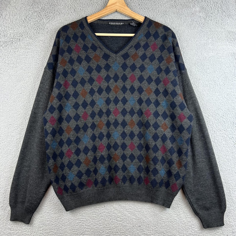 VTG Consensus Sportswear Sweater Mens Large Gray V Neck Argyle Knit Wool Blend